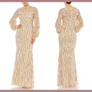 Mac Duggal Bishop sleeve embellished dress 93789 Nude Gold Size 16 NWT